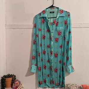 Shahida Parides Turquoise Floral Embroidered Silk Shirt Dress